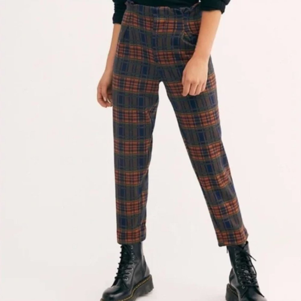 Free People Brecan Checkered Navy Orange Plaid High Waisted Pants, size Small
